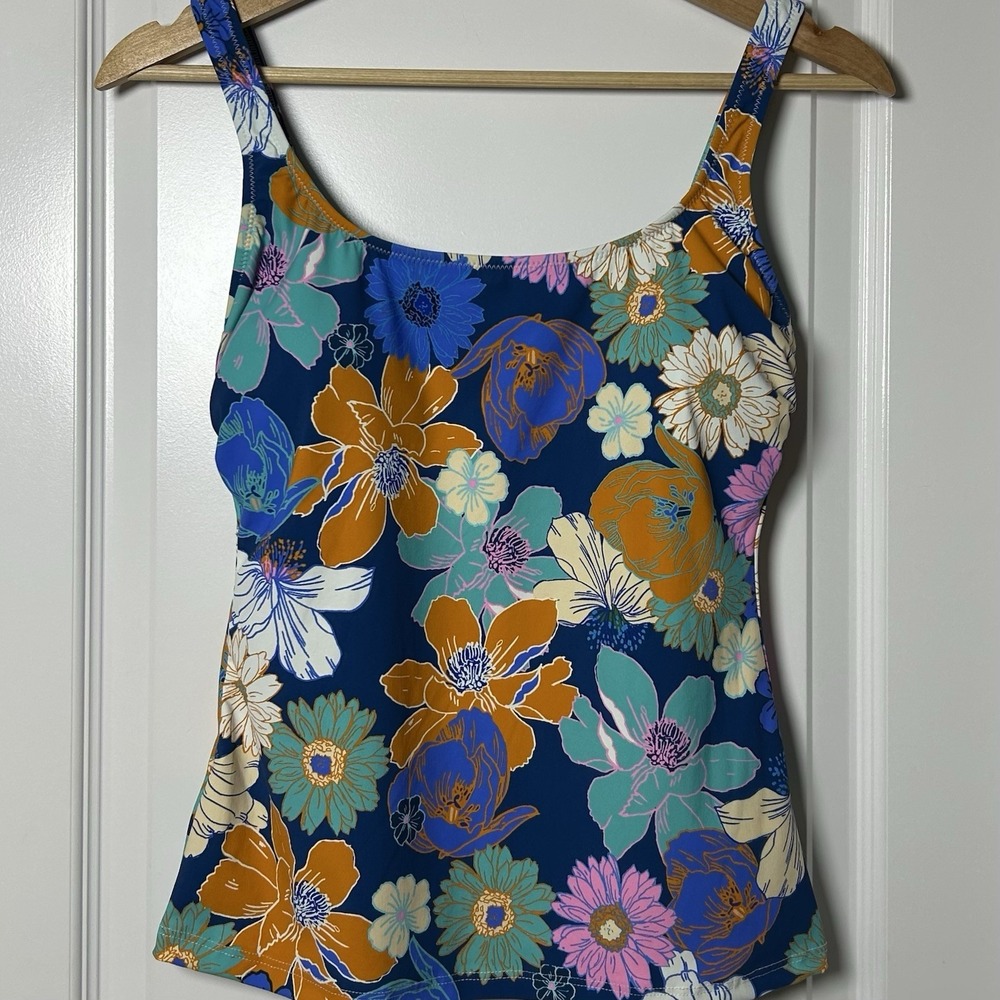Gottex Blue Bold Floral‎ Tankini Swimsuit Top Luxury Resort Coastal Chic Style